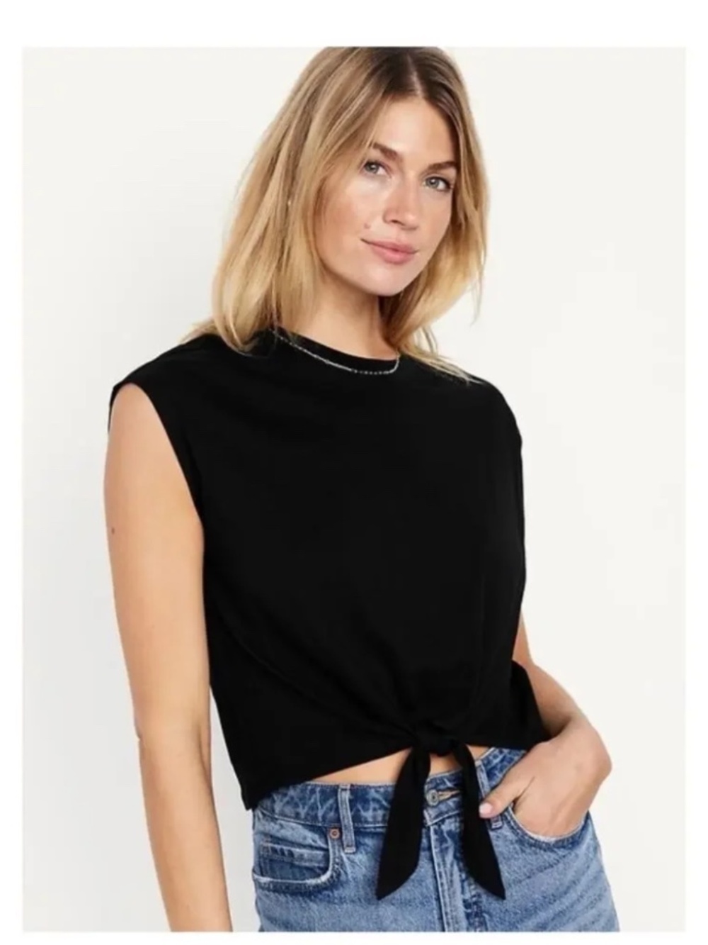 OLD NAVY - Women's Everywear Tie Front Cap Sleeve Top - Black - Size Small